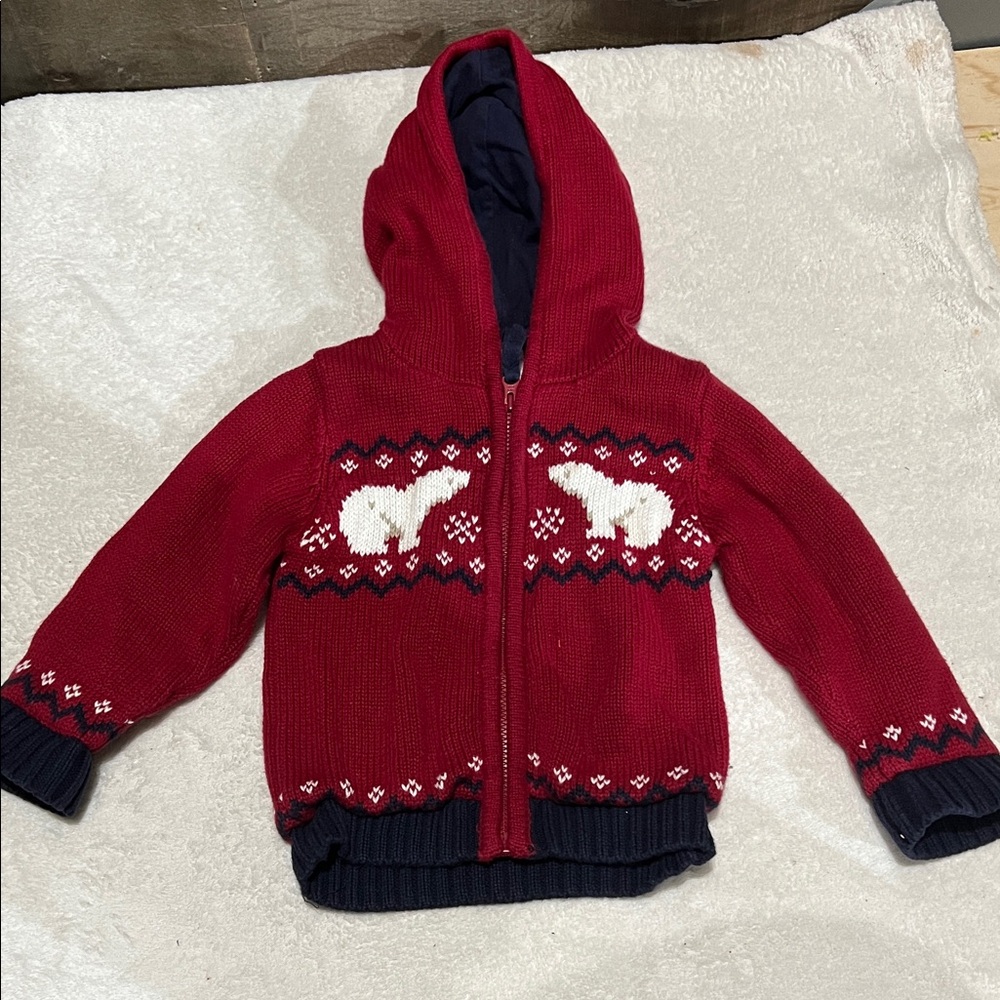 Baby Gap Thick Cozy Red Kids Knitted Hoodie with Polar Bear Design